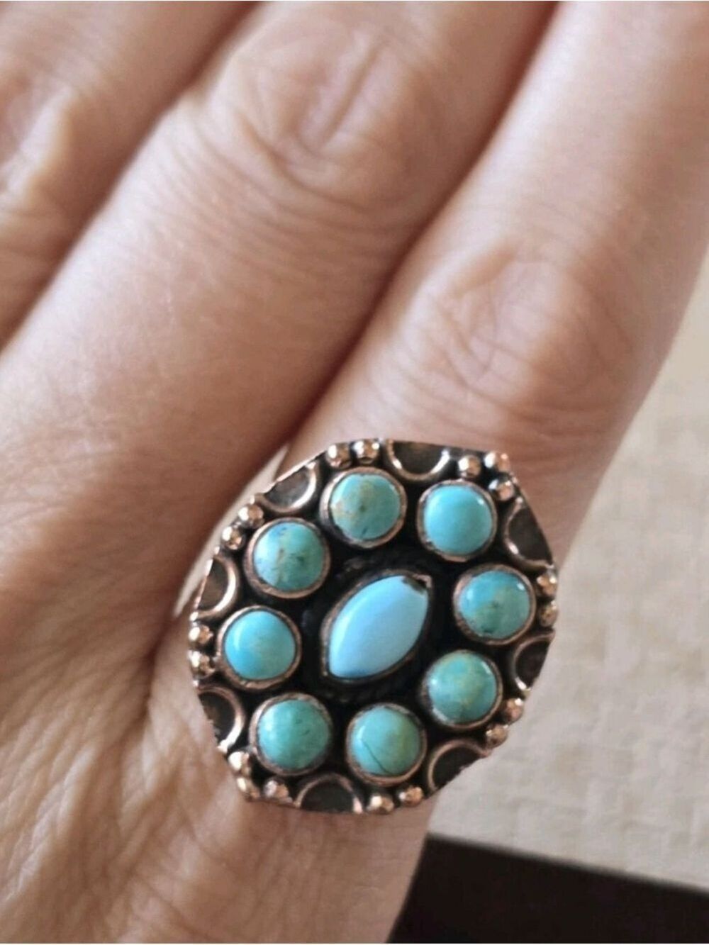 Southwestern Kingman Turquoise Cluster Ring Copper - Picture 3 of 3